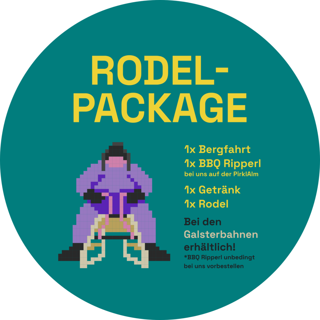 Rodel Package Grafik mit Pixel-Figur – Pirklalm Winterangebot